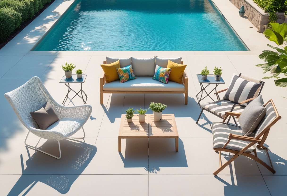 A poolside area with five different types of outdoor furniture arranged around a swimming pool, including lounge chairs, benches, a bistro table set, and a sofa, surrounded by plants and a stone deck.