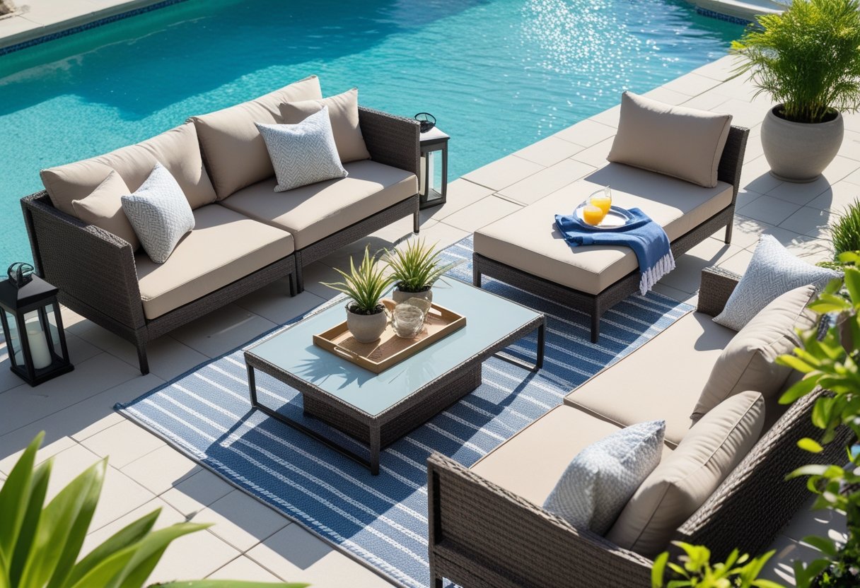 A poolside lounge area with comfortable outdoor furniture, clear water, and greenery in a sunny backyard.