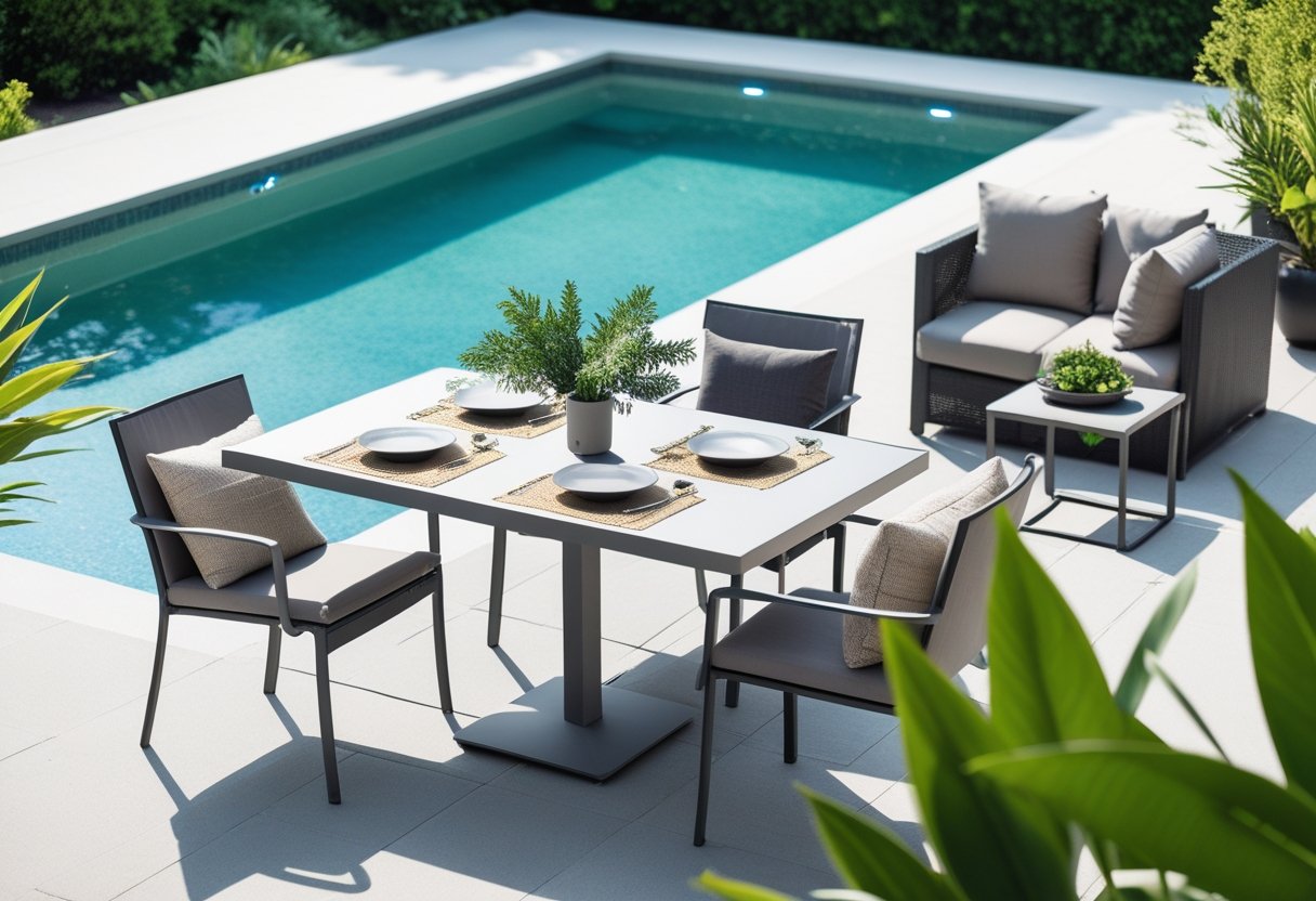 A poolside area with a dining table, chairs, and lounge furniture surrounded by plants and sunlight.