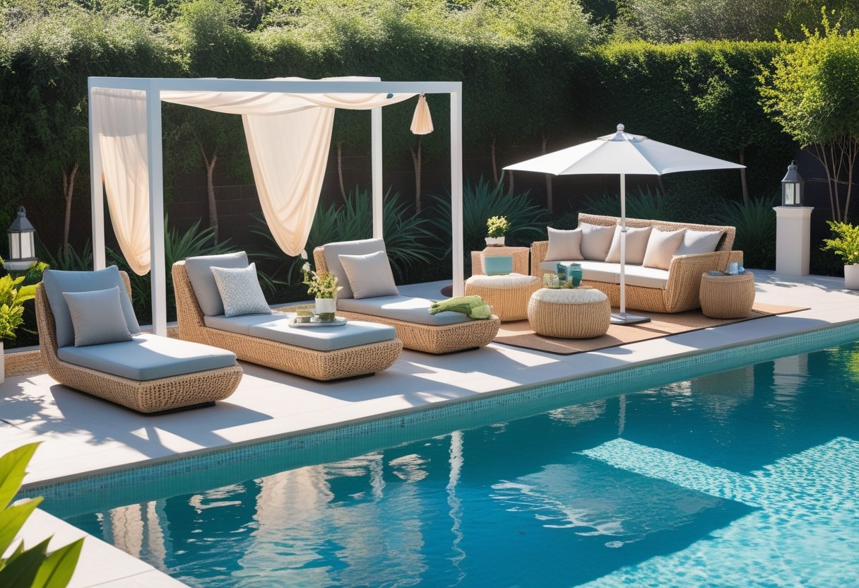 A poolside area with a swimming pool surrounded by five different types of outdoor furniture and shade options including a pergola, lounge chairs, an umbrella, a daybed, and a seating cluster, with green plants around.