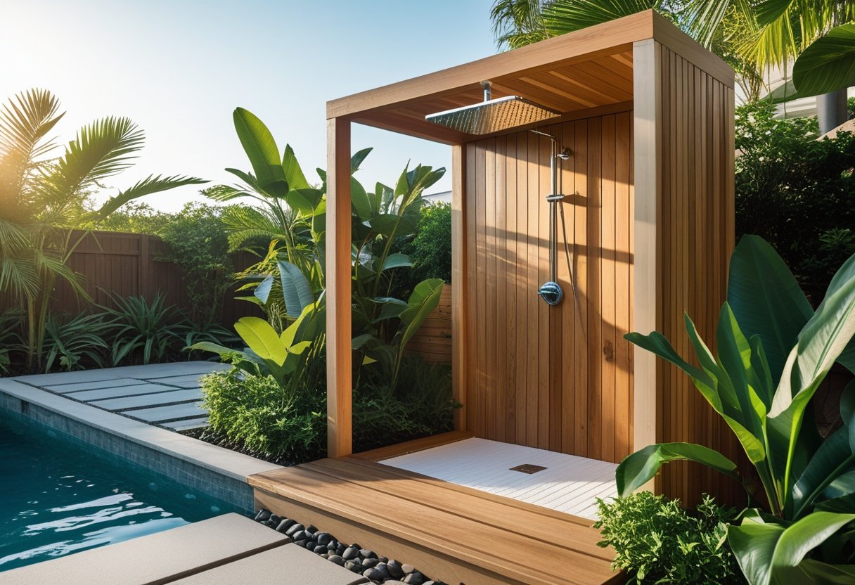 Outdoor wooden shower setup next to a backyard pool surrounded by plants and stone tiles.