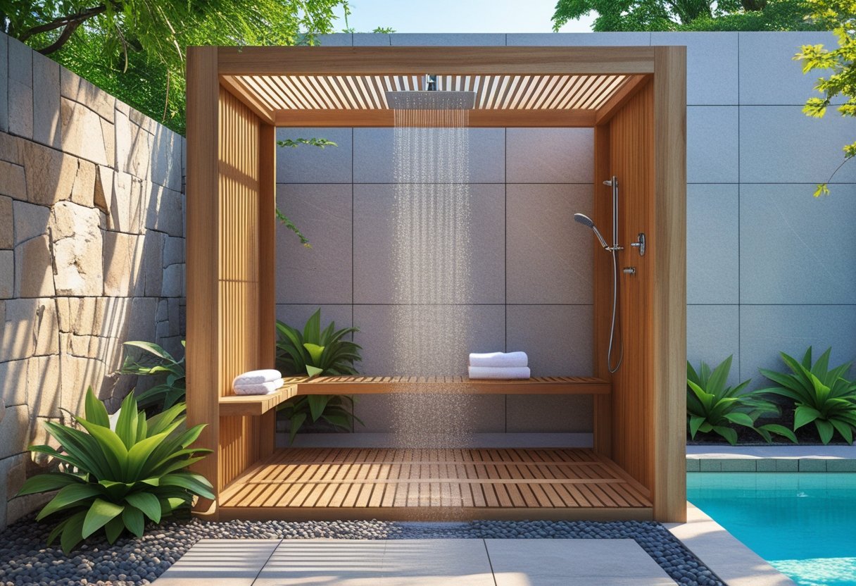Outdoor shower setup next to a pool with wooden and stone elements surrounded by green plants.