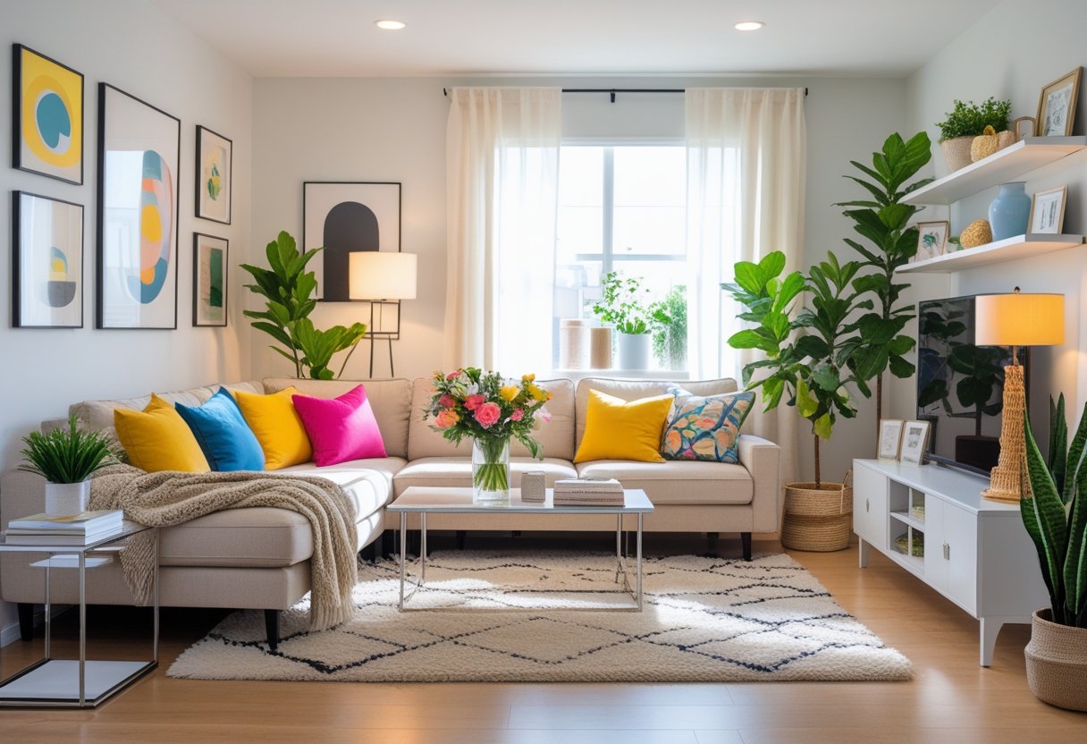 A bright living room with a sectional sofa, colorful pillows, coffee table with flowers, framed art on the walls, floor lamp, area rug, potted plants, and light curtains.
