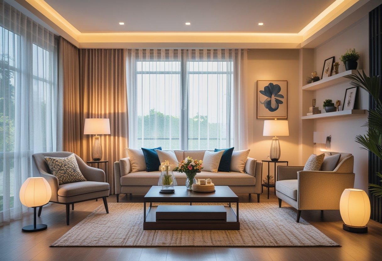 A living room with warm lighting, comfortable seating, decorative pillows, artwork on the walls, and a coffee table with flowers.