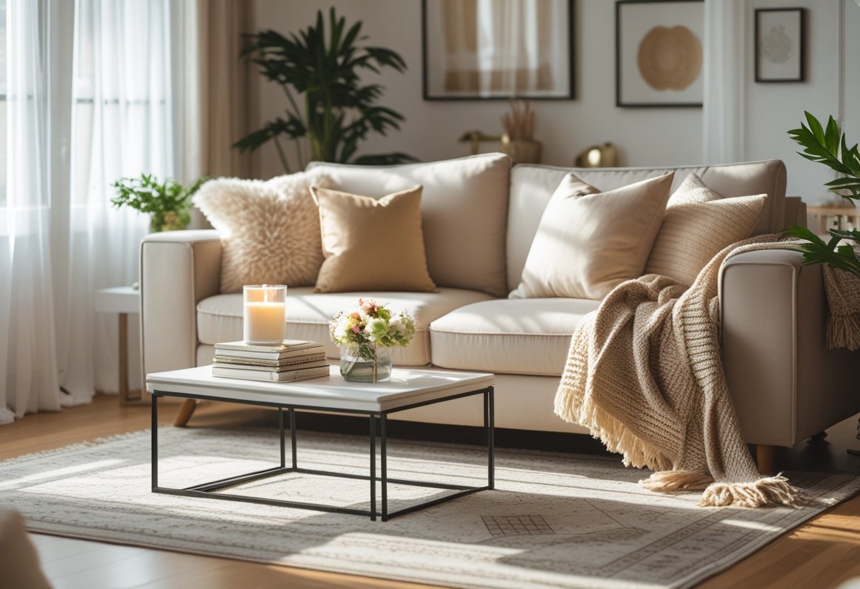 A cozy living room with a sofa, throw pillows, a coffee table with books and flowers, large windows, and indoor plants.
