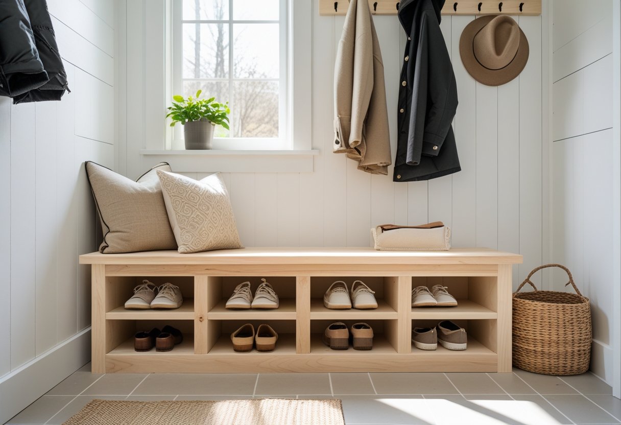 A mudroom with a wooden bench, shoe storage cubbies, cushions, a coat rack with jackets, and a basket on the floor.