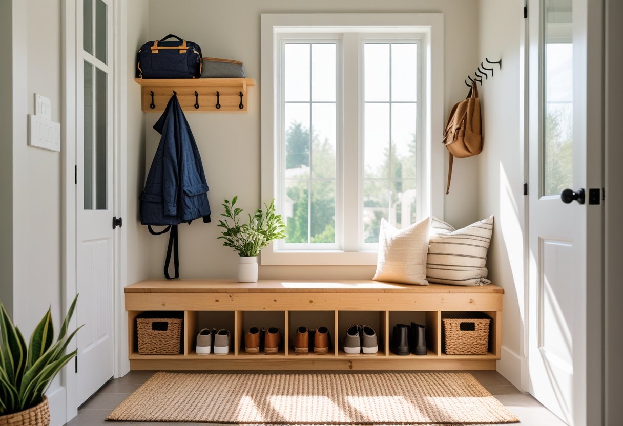 A tidy mudroom with a wooden bench, coat hooks, baskets, and shoes neatly arranged in a bright entryway.