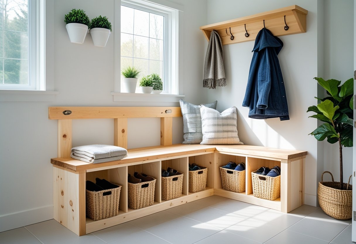 A mudroom with a wooden bench, storage cubbies filled with shoes, jackets hanging on hooks, and natural light coming through a window.