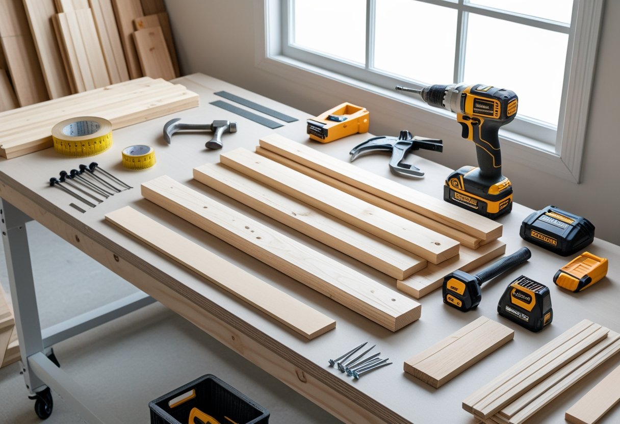 A workbench with woodworking tools and wooden boards arranged for a mudroom bench project in a bright workshop.