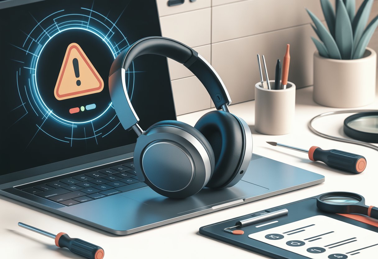 A pair of Bluetooth headphones on a desk next to a laptop showing an error symbol, with repair tools nearby indicating a troubleshooting process.