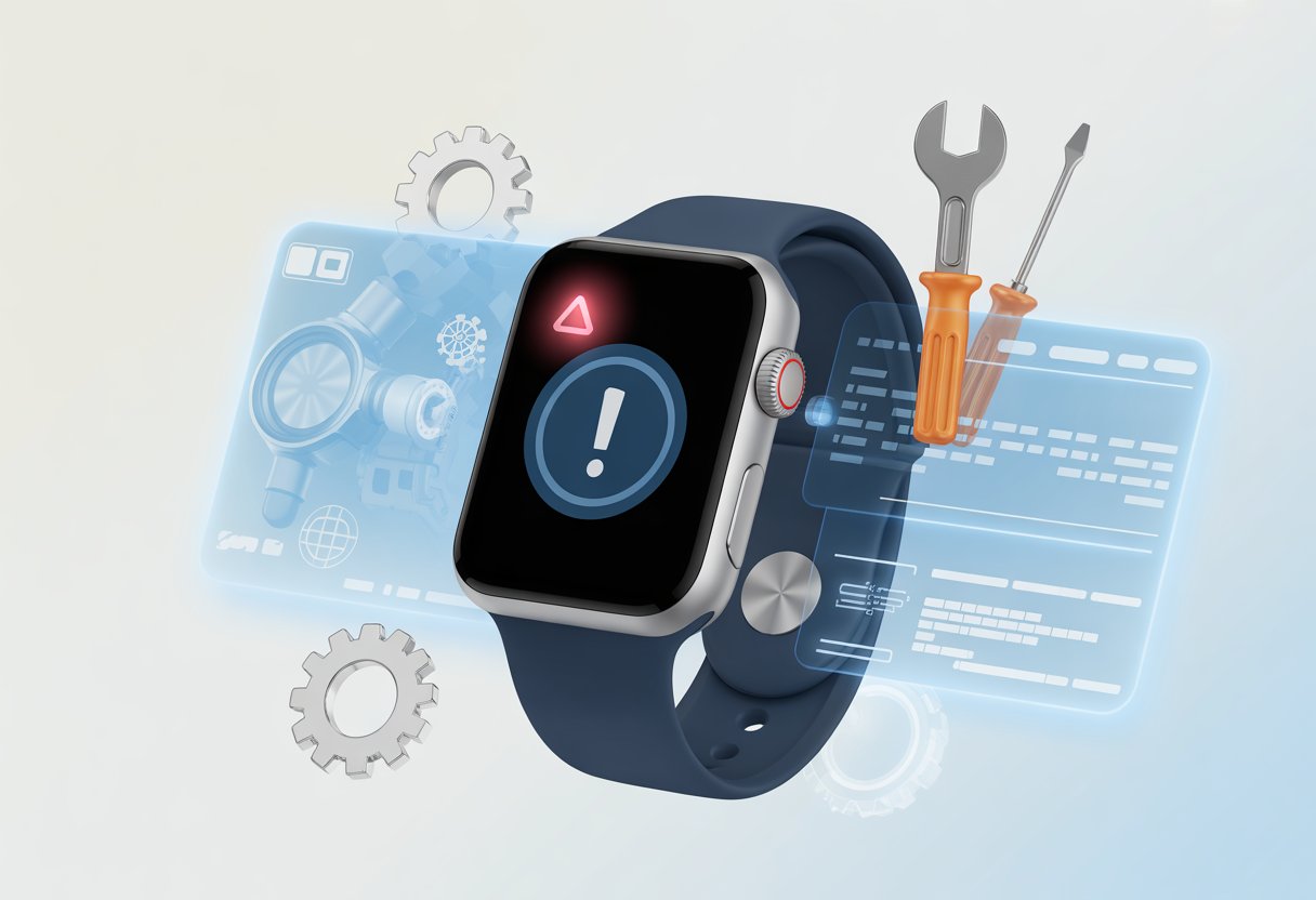A smartwatch showing an error symbol with digital repair tools and code elements floating around it.