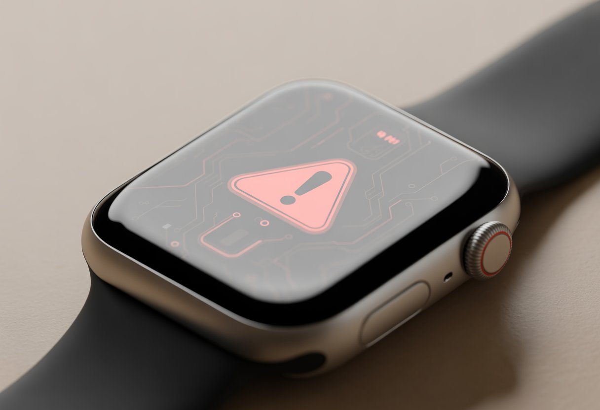 A close-up of a modern smartwatch showing a red warning icon on its screen, indicating a technical error.