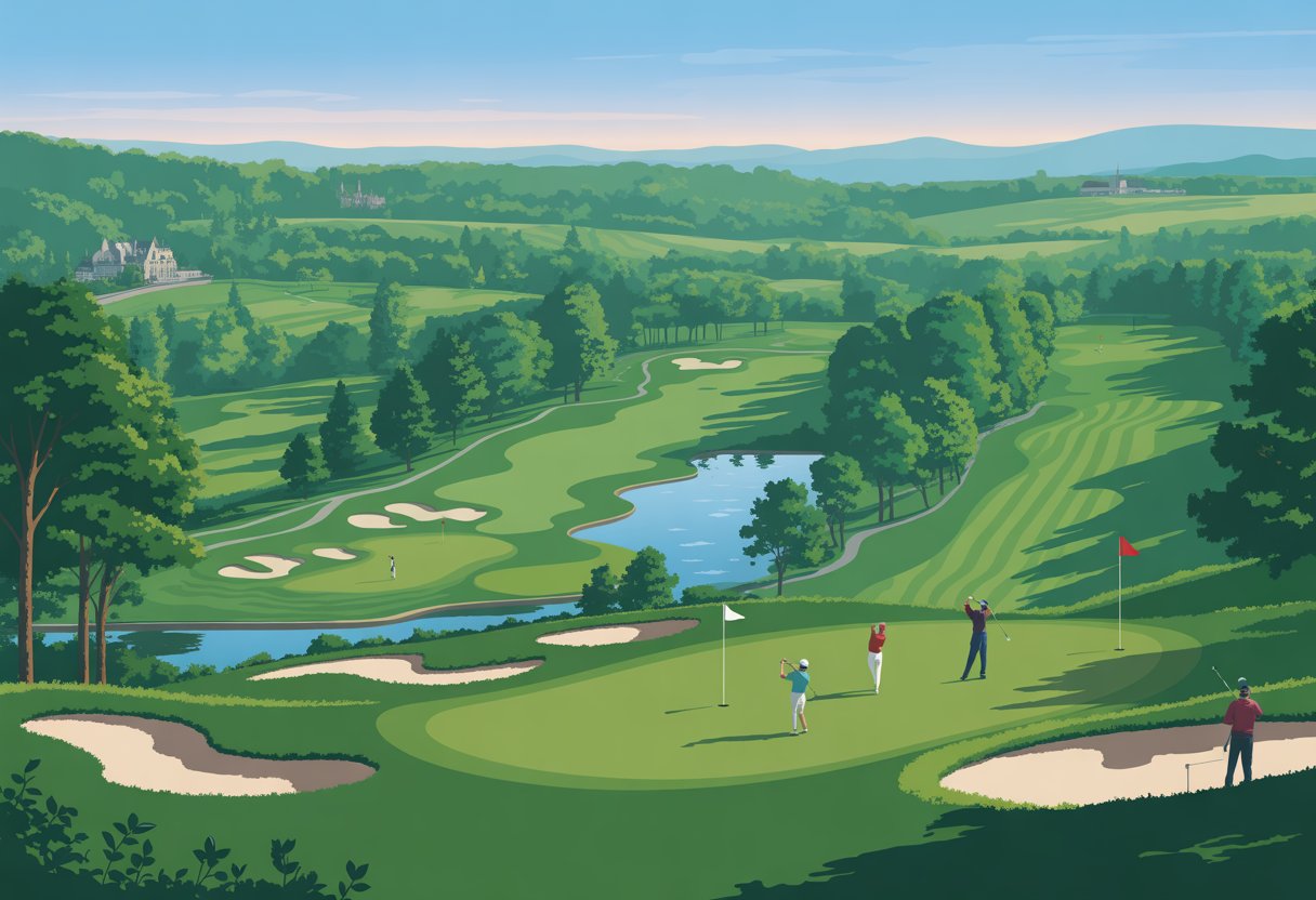 A scenic view of a golf course with green fairways, sand bunkers, water hazards, trees, and golfers playing under a blue sky.