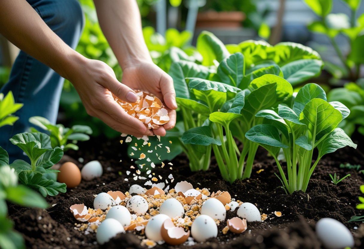 Hands sprinkling crushed eggshells around plants in a garden bed with green leaves and soil.