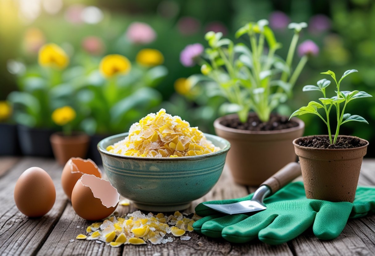 Crushed eggshells in a bowl on a wooden table next to gardening gloves, a hand trowel, and a seedling pot with soil, with a garden in the background.