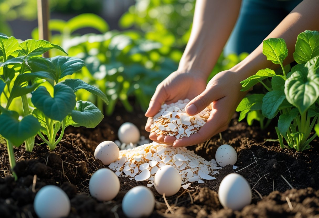 Hands applying crushed eggshells to soil around green plants in a garden.