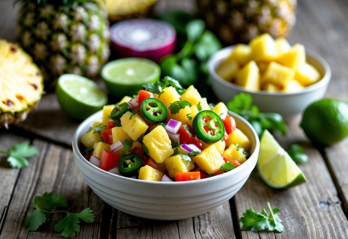A bowl of fresh pineapple salsa with diced pineapple, peppers, onions, and cilantro on a wooden table surrounded by fresh ingredients.