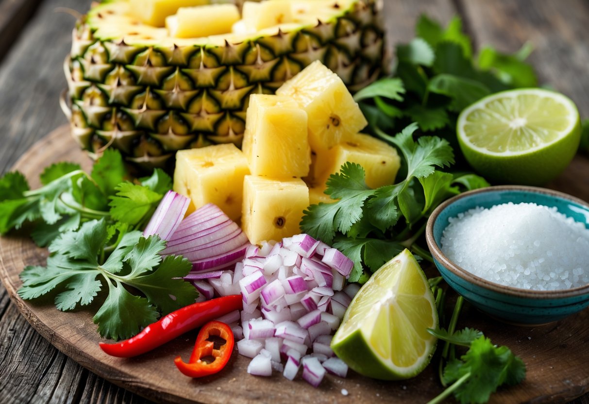 Fresh ingredients for pineapple salsa arranged on a wooden surface, including pineapple chunks, red onions, cilantro, chili peppers, lime halves, and sea salt.