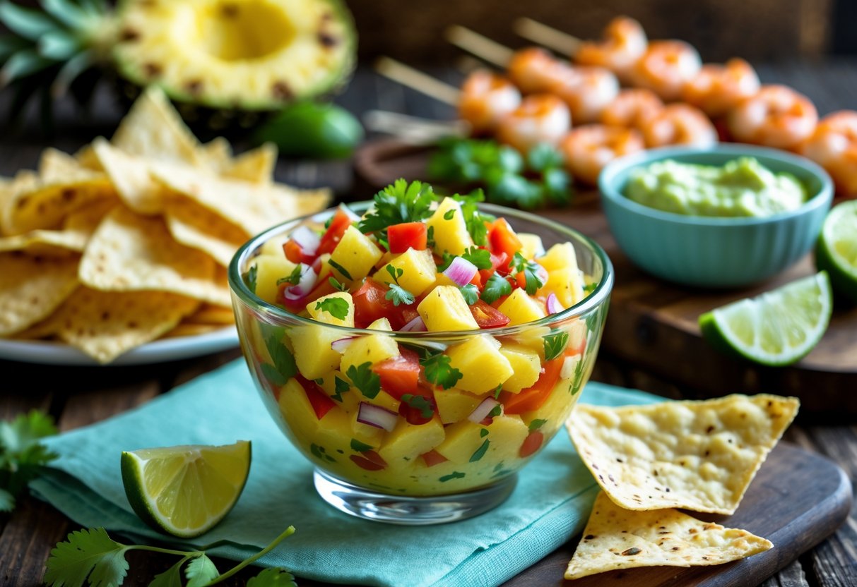 A bowl of pineapple salsa surrounded by tortilla chips, grilled shrimp skewers, lime wedges, and avocado dip on a wooden table.