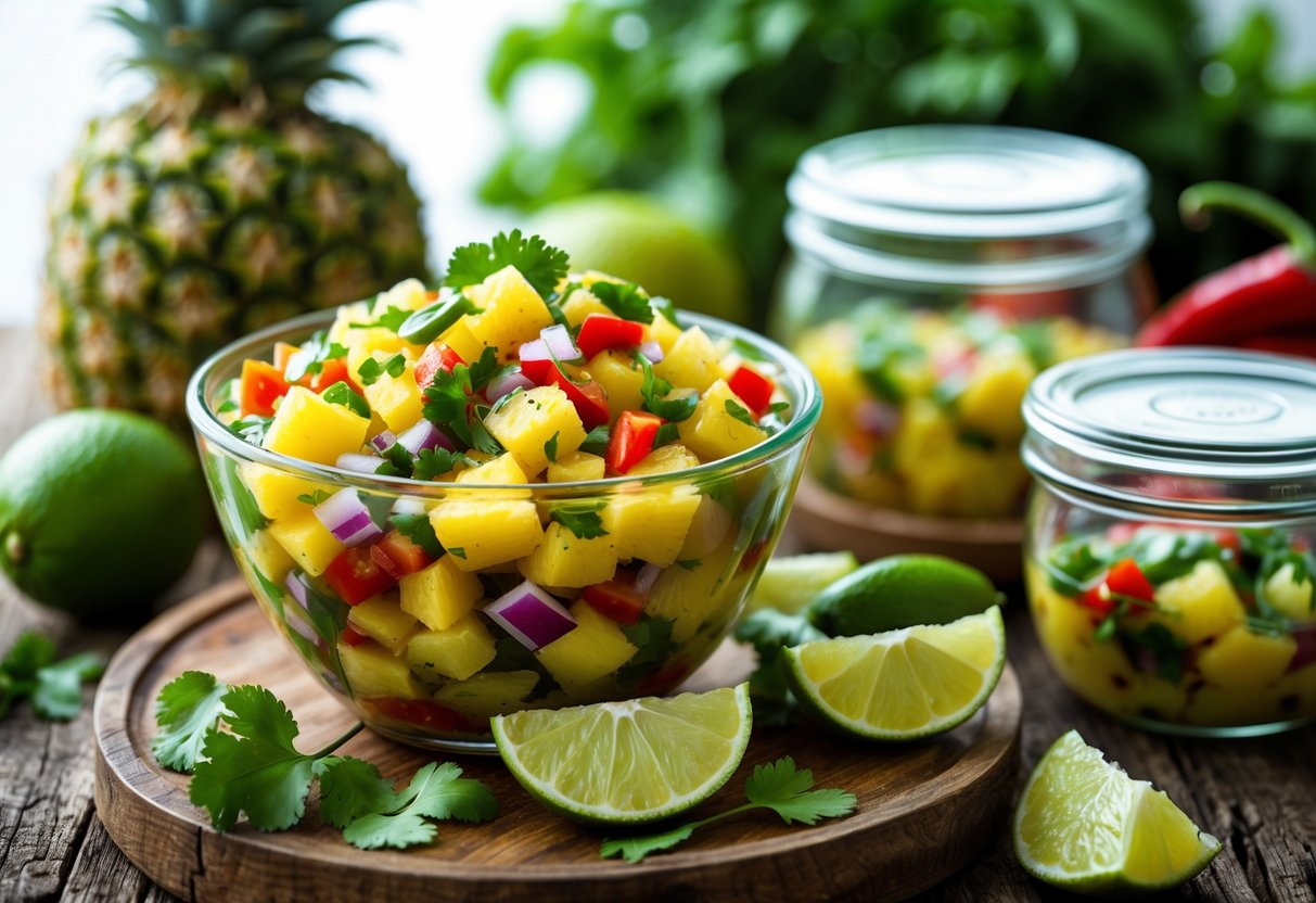 A bowl of pineapple salsa with fresh ingredients and two containers showing different storage methods on a wooden table.