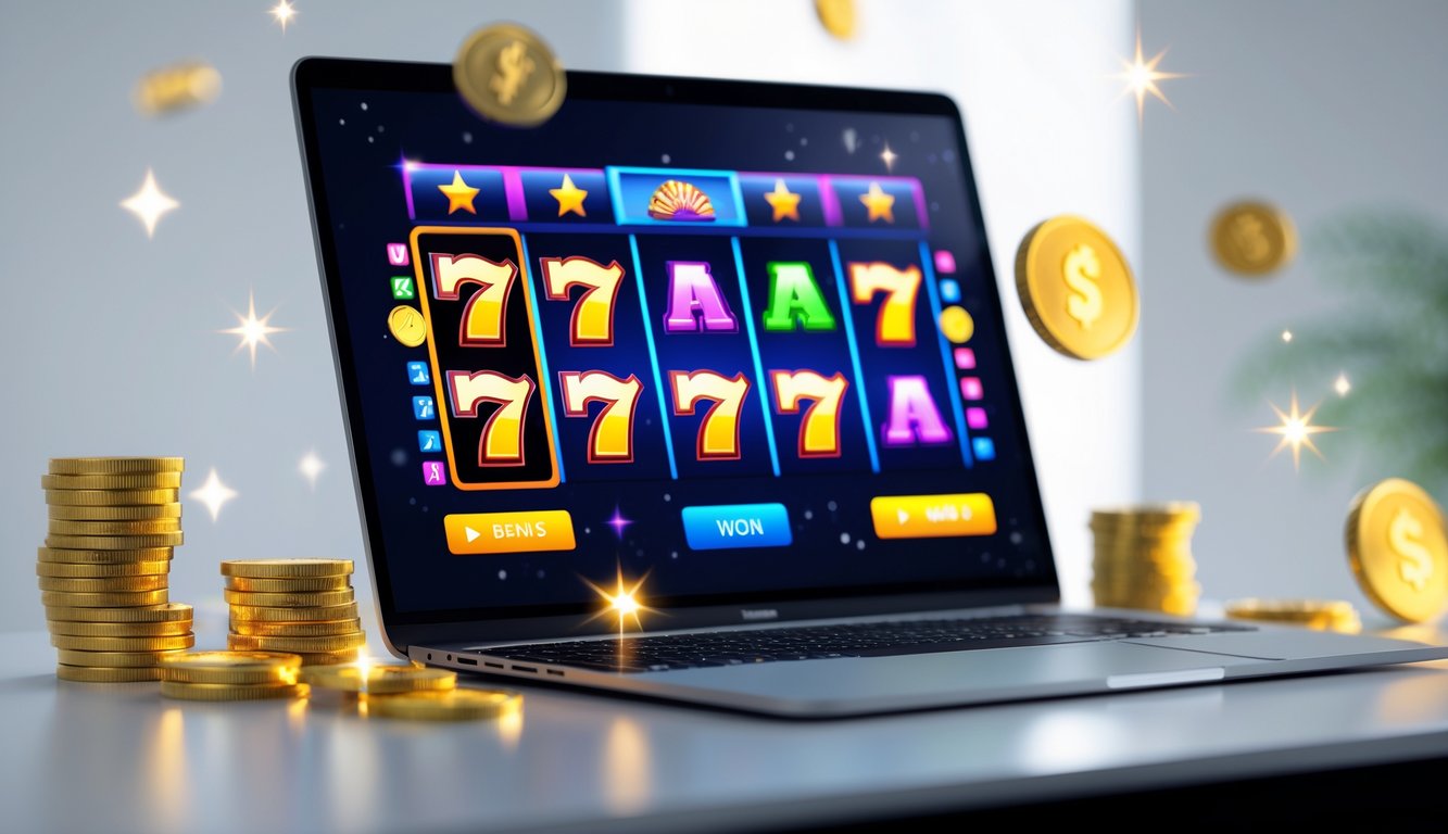 Sebuah komputer menampilkan permainan slot online dengan simbol warna-warni dan elemen bonus seperti koin berkilau dan bintang di sekitarnya.