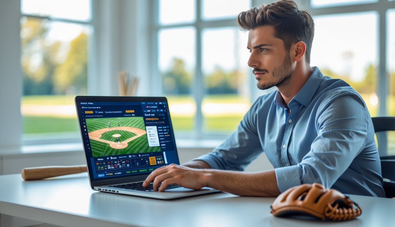 Seorang pria muda duduk di meja dengan laptop yang menampilkan pertandingan baseball, di latar belakang terlihat alat-alat baseball dan lapangan baseball di kejauhan.