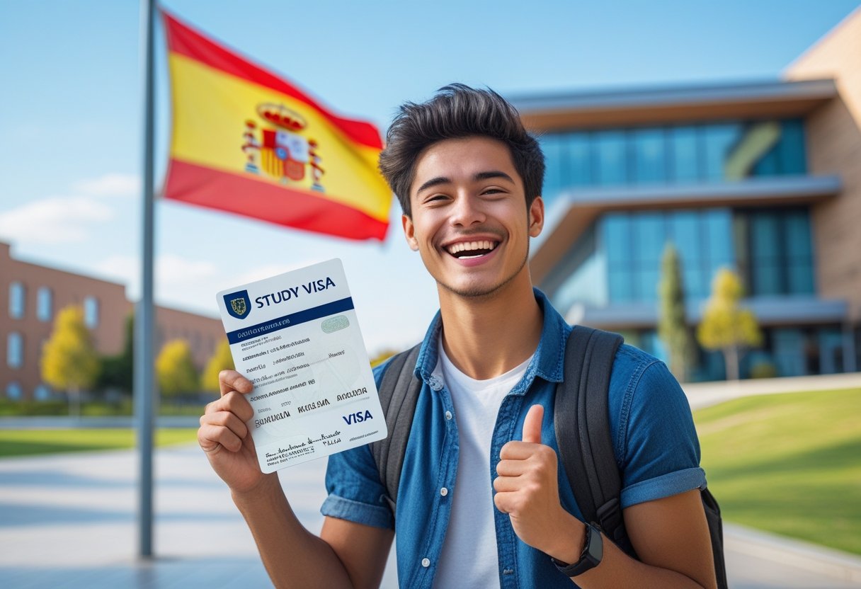 A young student holding a Spanish study visa standing outside a modern university building with the Spanish flag in the background.