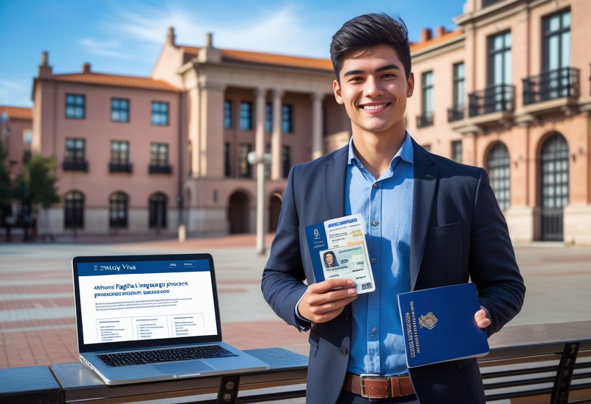 A young student holding a Spanish study visa and passport standing outside a university building in Spain.