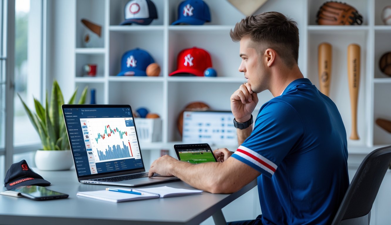 Seorang pria muda duduk di meja dengan laptop dan catatan, menganalisis statistik baseball di ruangan dengan perlengkapan baseball di latar belakang.