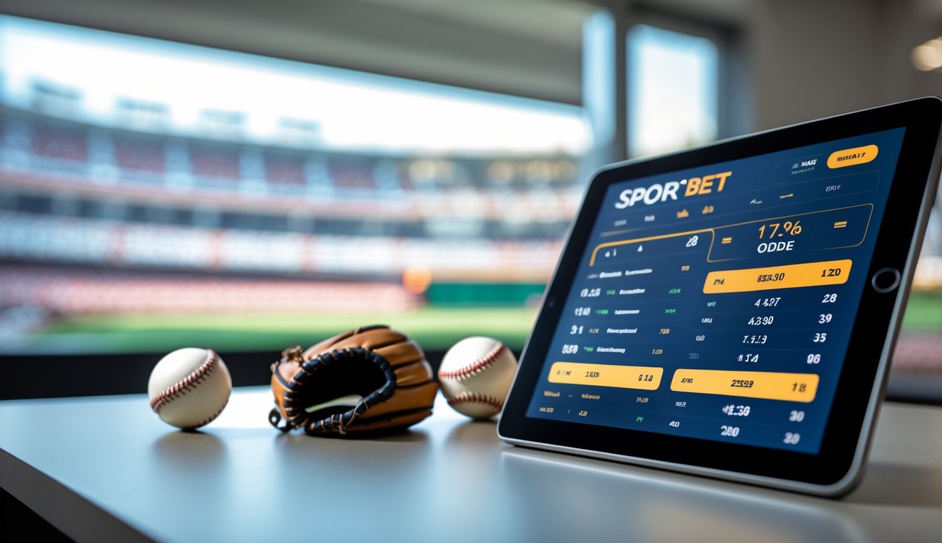 Seseorang menggunakan tablet dengan tampilan taruhan baseball dan bola baseball di atas meja.