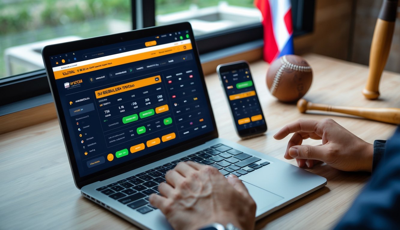 Seseorang menggunakan laptop dan ponsel untuk memasang taruhan baseball dengan perlengkapan baseball dan bendera Indonesia di latar belakang.