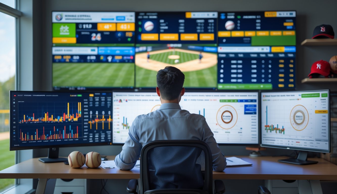 Seorang analis olahraga sedang bekerja di depan beberapa monitor yang menampilkan statistik dan rekaman pertandingan baseball di sebuah kantor yang terang dengan perlengkapan baseball di latar belakang.