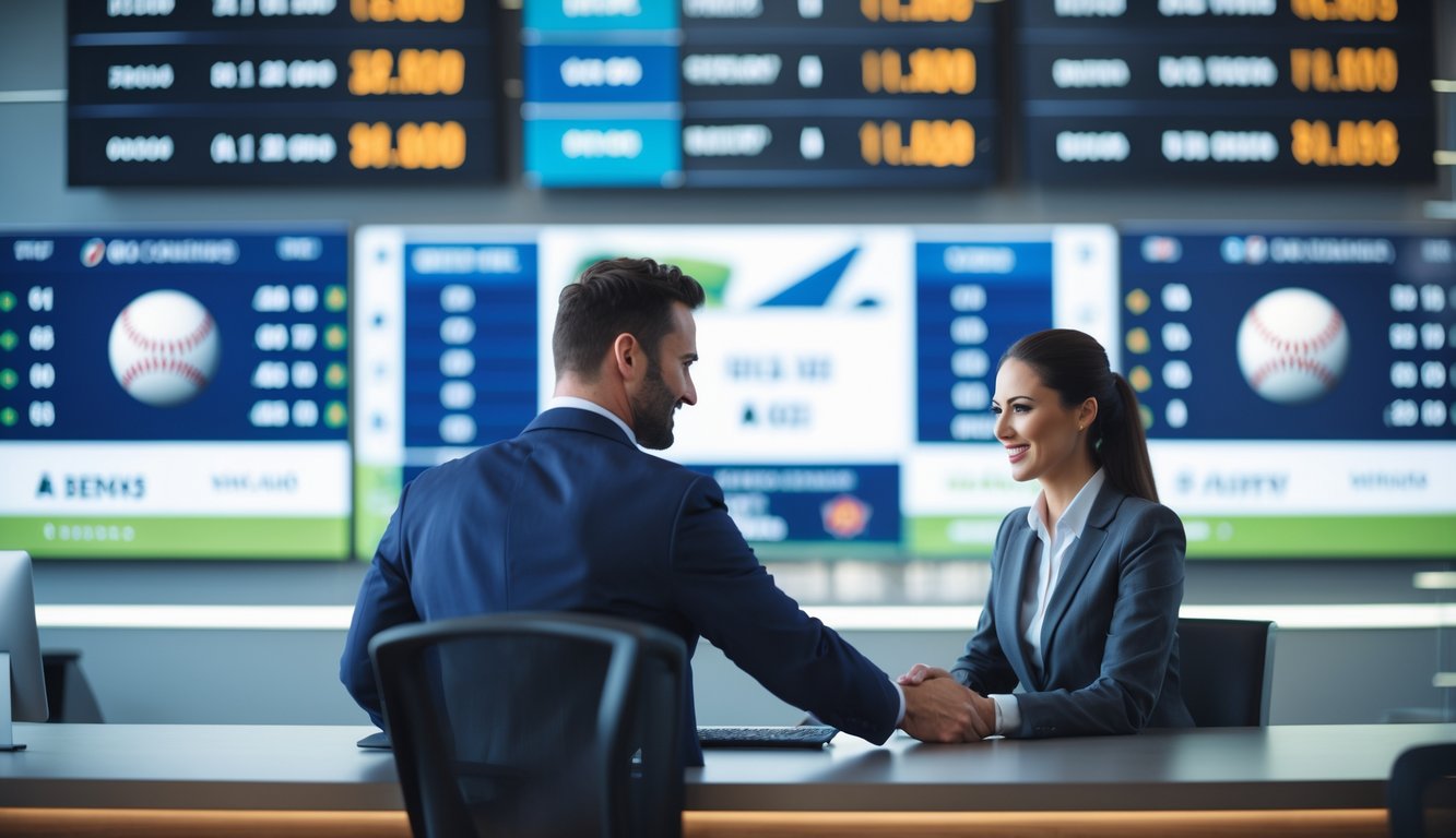 Seorang agen profesional sedang membantu pelanggan di kantor taruhan baseball yang aman dan resmi.