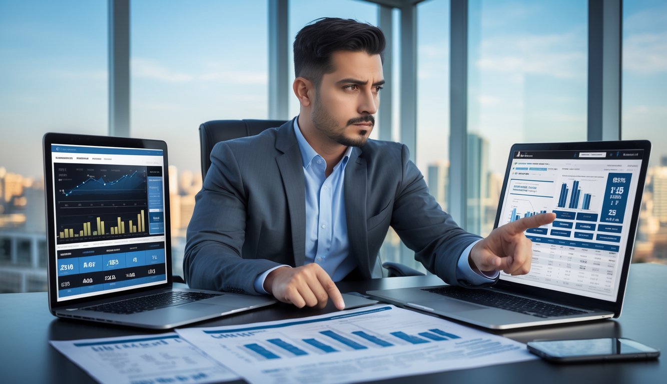 Seorang pria sedang menganalisis strategi taruhan baseball di kantor modern dengan perangkat digital dan dokumen di mejanya.