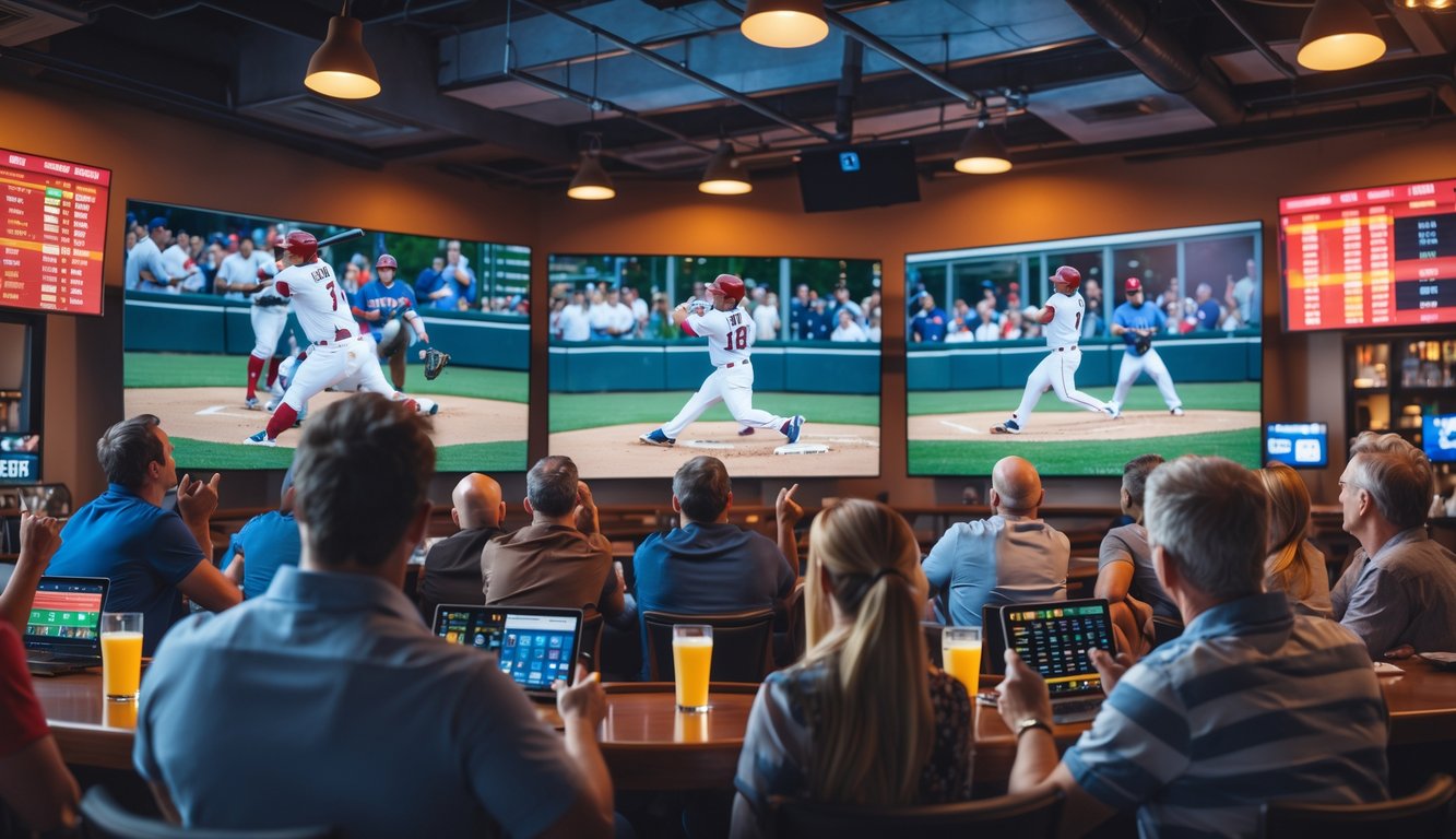Sekelompok orang menonton pertandingan baseball secara langsung di bar olahraga dengan beberapa layar besar, terlihat antusias dan berinteraksi sambil menikmati suasana pertandingan.