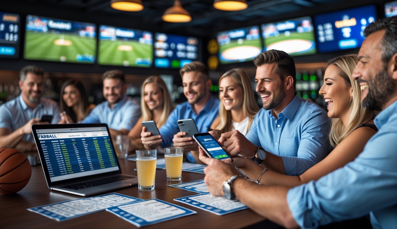 Sekelompok orang di bar olahraga yang sedang memasang taruhan pada pertandingan baseball dengan layar besar menampilkan berbagai pertandingan olahraga.