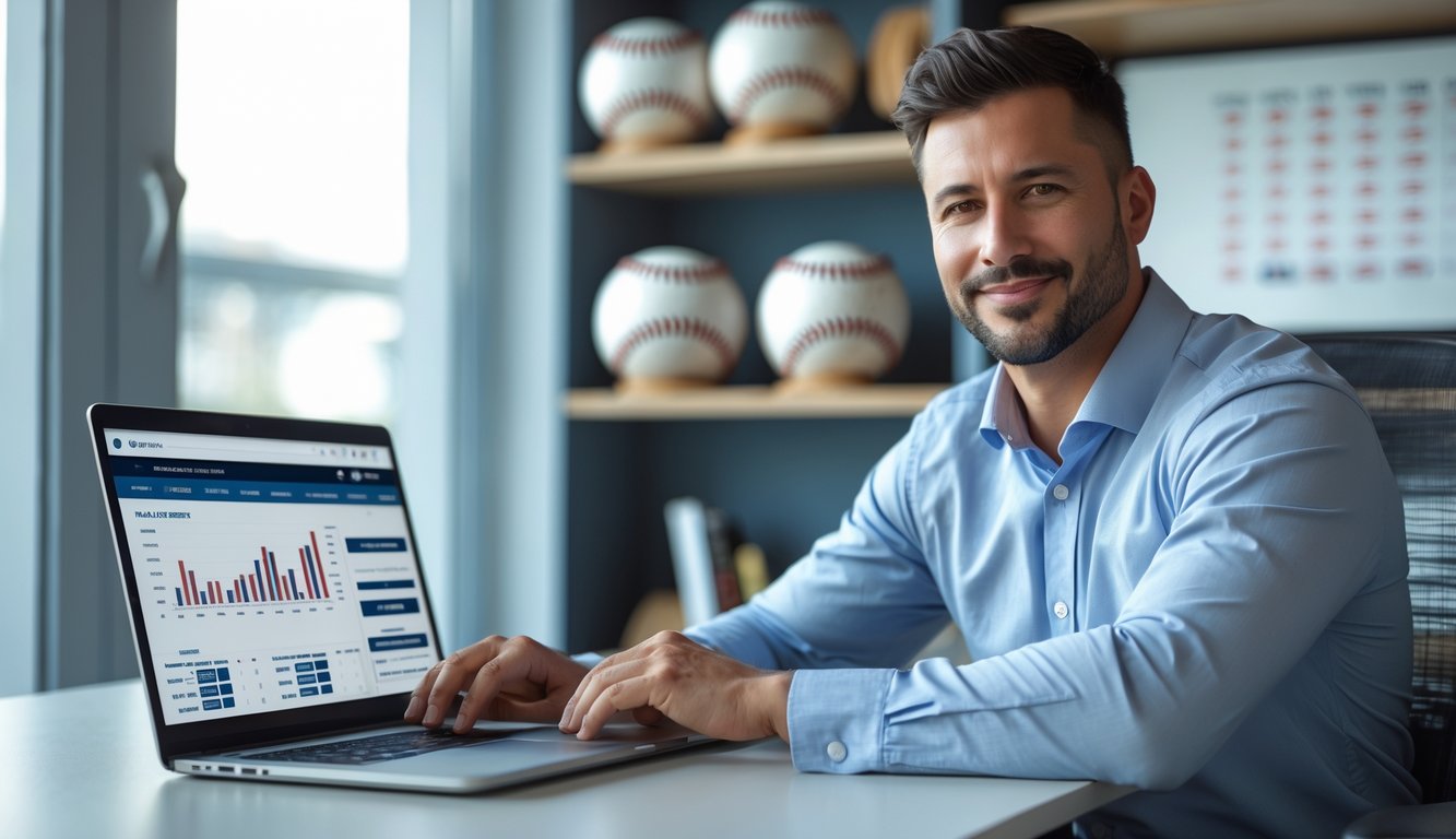Seorang pria duduk di meja dengan laptop yang menampilkan situs taruhan baseball, di ruangan kantor dengan perlengkapan baseball di latar belakang.