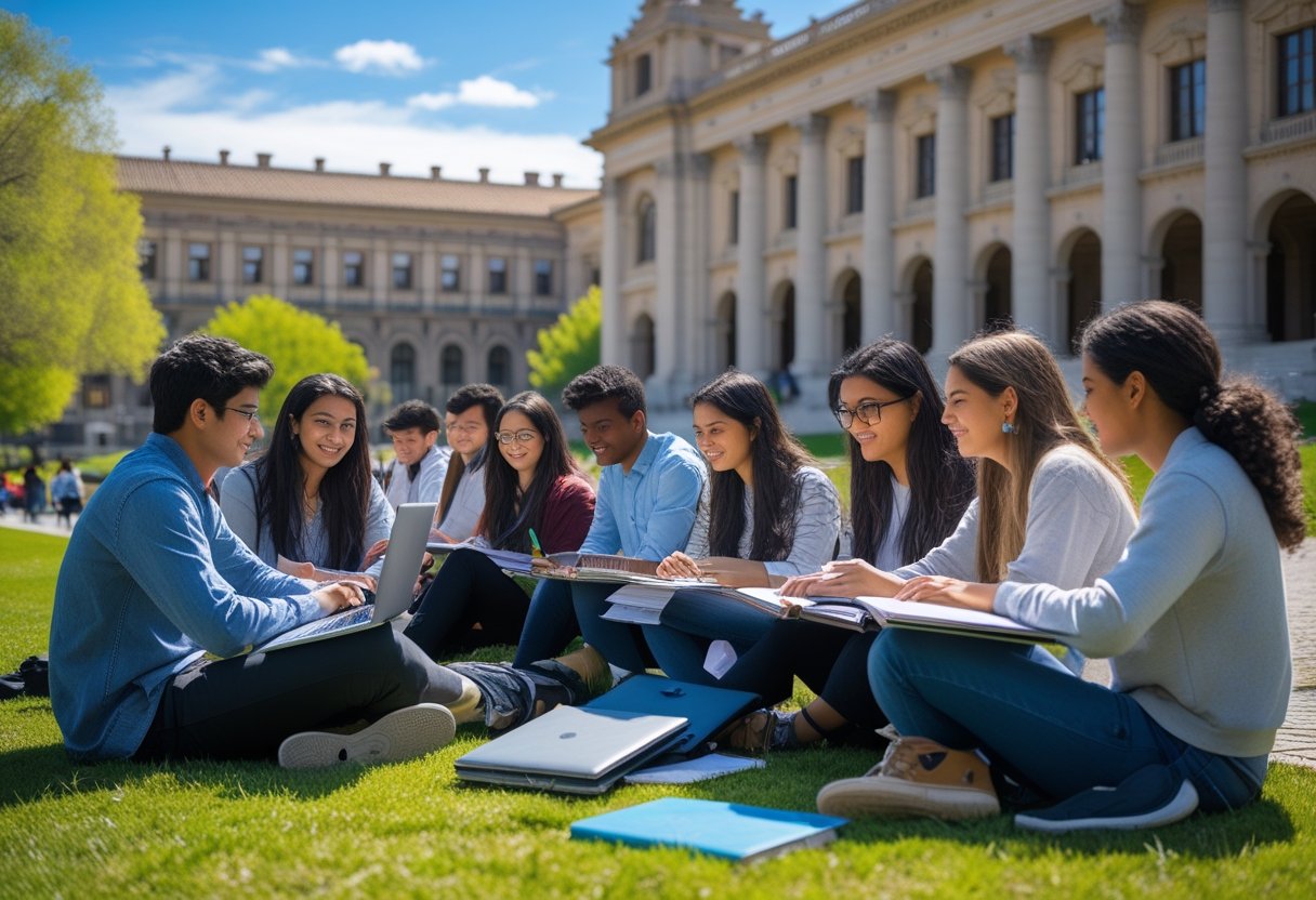 A group of diverse international students studying together outside near a historic university building in Spain on a sunny day.