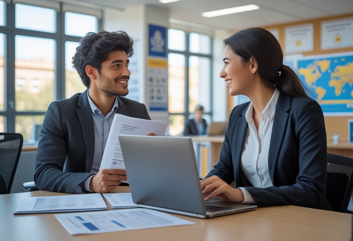 An international student talking with a university advisor in a bright office with educational materials and Spanish-themed decor.
