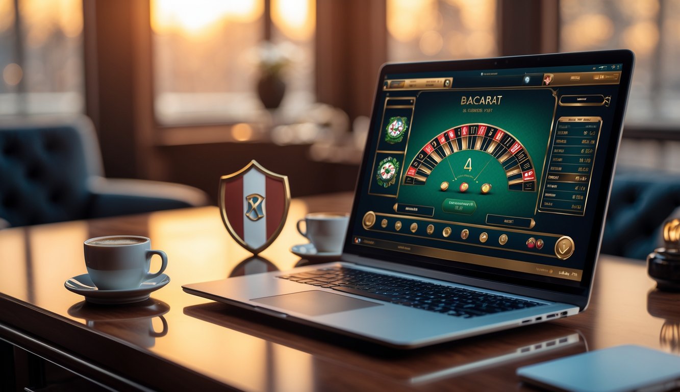 Sebuah laptop modern menampilkan permainan baccarat online di atas meja kayu dengan pencahayaan hangat dan latar belakang buram.