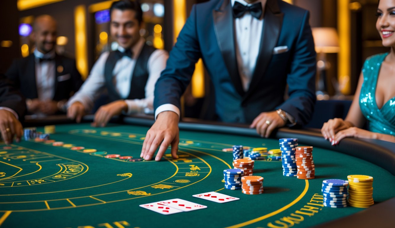 Meja baccarat langsung dengan dealer dan pemain di kasino mewah.