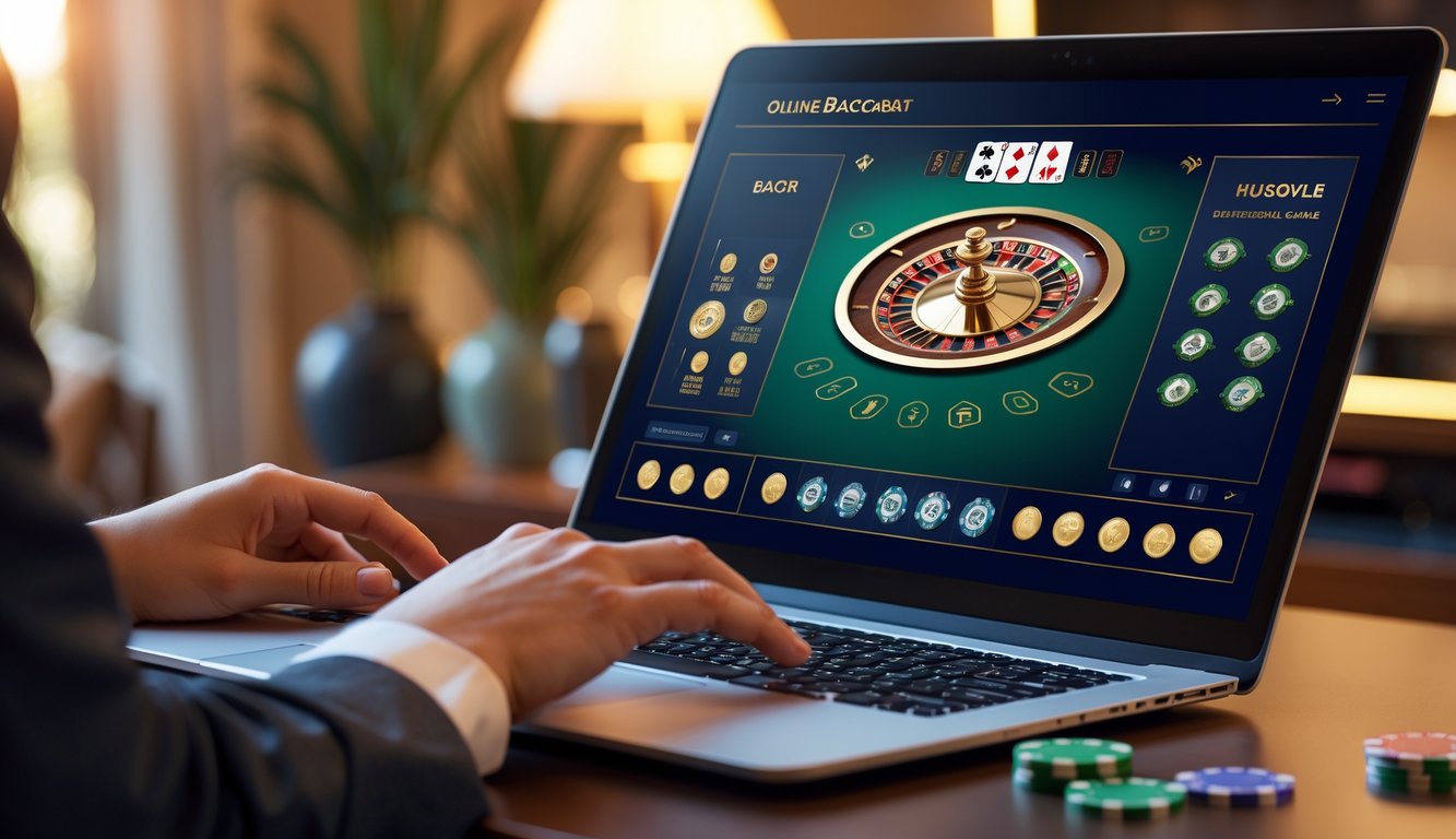 Seseorang bermain permainan baccarat online di depan komputer dalam suasana nyaman dan terang.