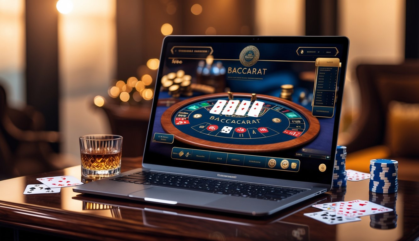 Meja baccarat online dengan layar komputer menampilkan permainan kartu dan chip, dikelilingi oleh elemen kasino seperti chip poker dan kartu remi di atas meja kayu.