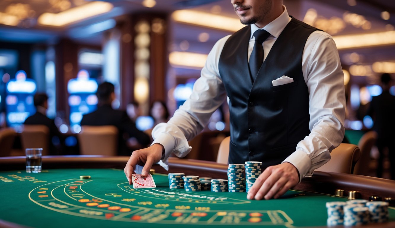 Seorang dealer sedang membagikan kartu di meja baccarat hijau dengan tumpukan chip di kasino yang mewah dan pencahayaan lembut.