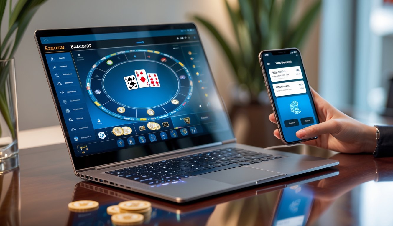 Seorang pengguna bermain baccarat online dengan laptop dan ponsel di atas meja kerja yang rapi.