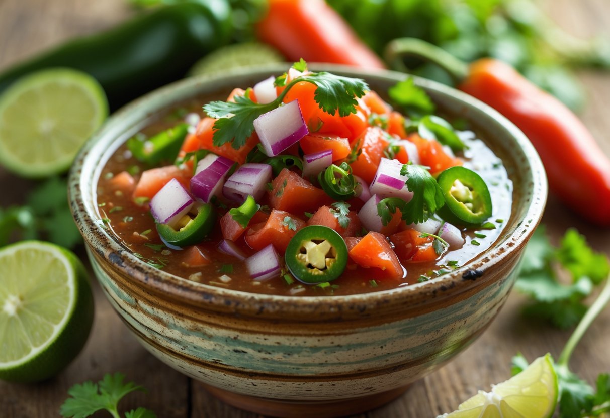 A bowl of colorful Salsa Xnipec with fresh ingredients like habanero peppers, lime wedges, and cilantro on a wooden surface.