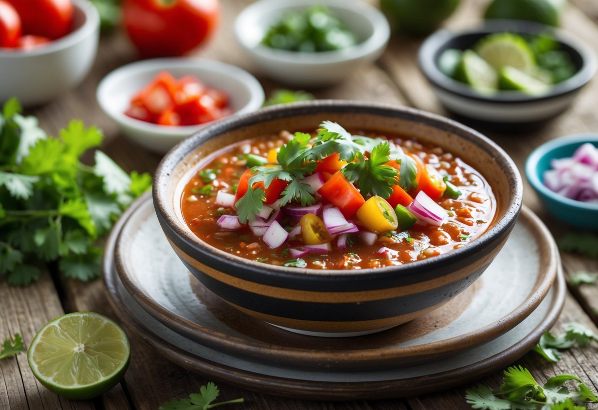 A bowl of colorful Salsa Xnipec with fresh ingredients like tomatoes, onions, peppers, and cilantro on a wooden table surrounded by lime wedges and herbs.