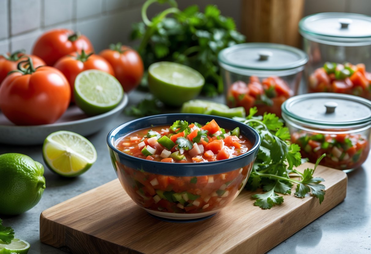 A bowl of fresh Salsa Xnipec surrounded by tomatoes, onions, habanero peppers, lime wedges, cilantro, and glass storage containers on a kitchen countertop.