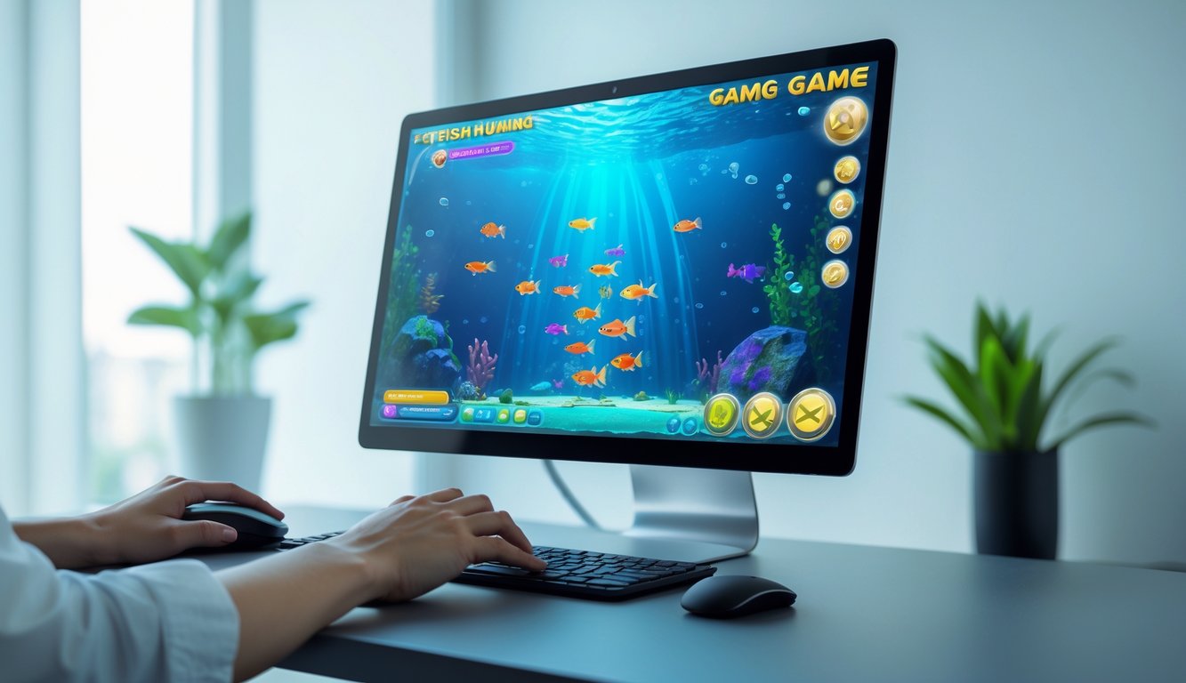 Seorang pemain sedang menggunakan komputer dengan permainan menembak ikan di layar dalam ruangan yang terang dan rapi.