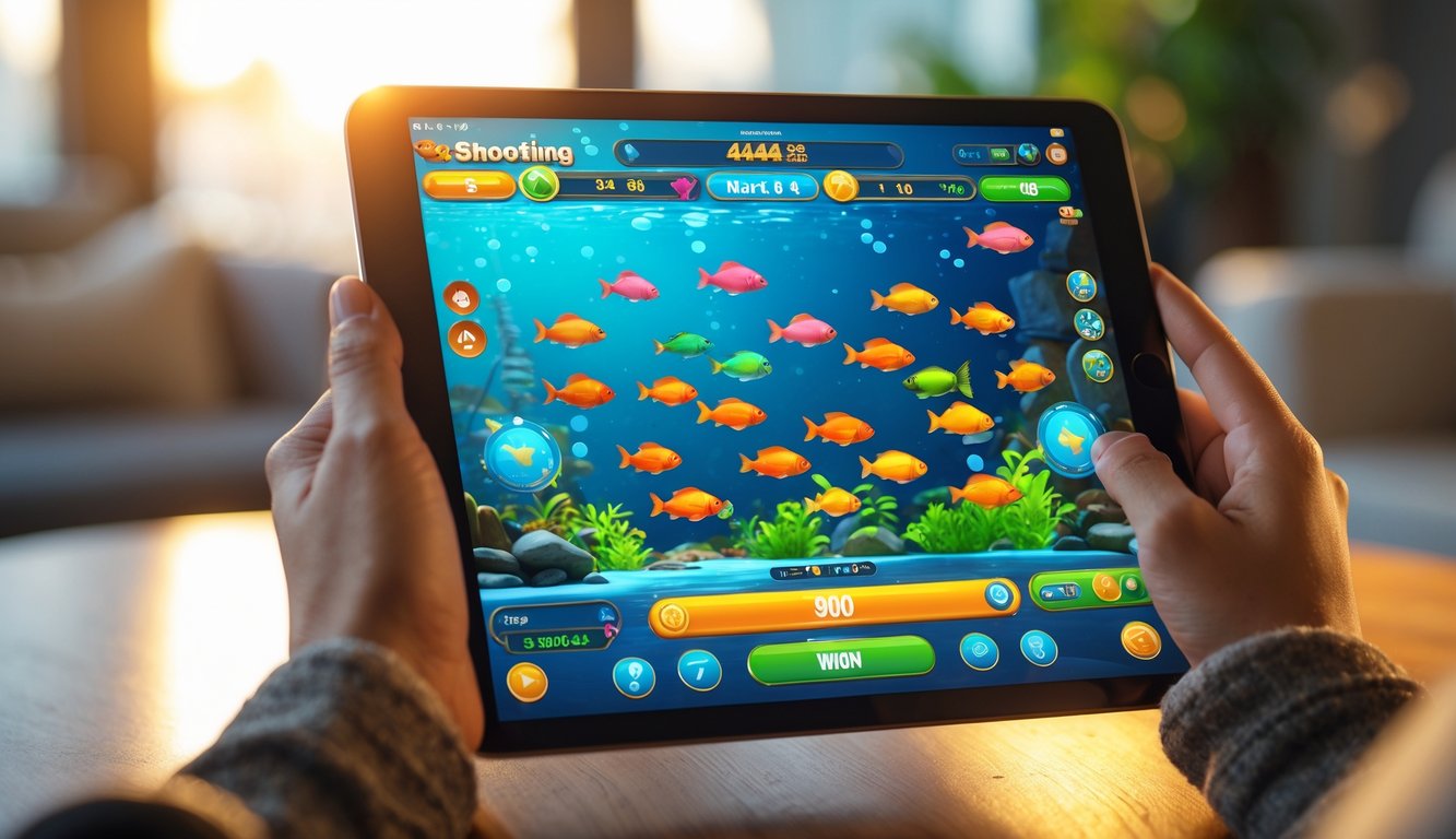 Seseorang memegang tablet yang menampilkan permainan tembak ikan online dengan ikan berwarna-warni di layar.
